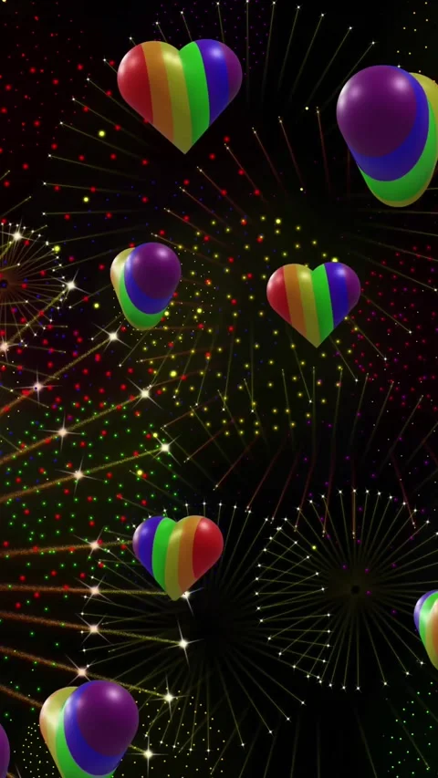Animation of pride rainbow hearts and fireworks exploding on black background Vídeos de archivo 343608508