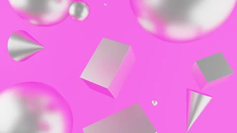 Animation of primitives objects with silver metal materials pink background Stock Footage 272469916