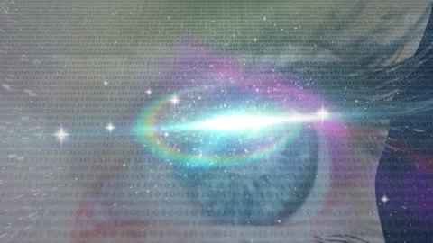 Animation of prism, stars and binary coding processing over woman's eye in Video stock 152175711