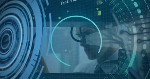 Animation of processing circle and binary code over hands of caucasian male Stock Footage 201254890