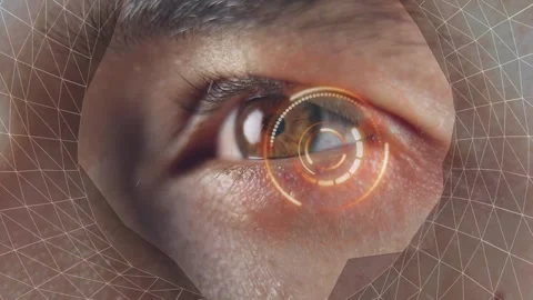 Animation of processing circle and digital tunnel over eye of caucasian man 스톡 동영상 330775792