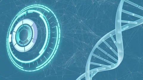 Animation of processing circle and dna chain over blue background with Stock Footage 327199113