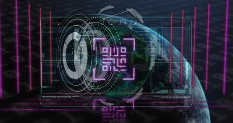 Animation of processing circle and qr code over digital screen with diverse data Stock Footage 199363092
