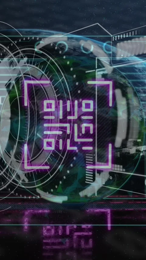 Animation of processing circle and qr code over digital screen with diverse data Video stock 322721137