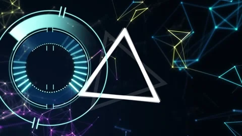 Animation of processing circle and rotating triangles over black background with Stock Footage 327784784