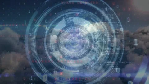 Animation of processing circle, binary code and data processing over cloudy sky 库存影片 172267428