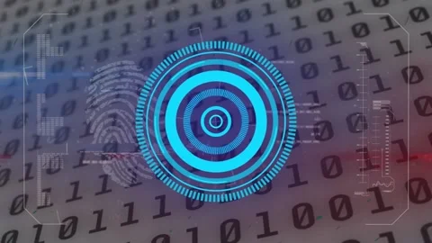 Animation of processing circle, binary code and fingerprint in grey digital Stock Footage 201259011