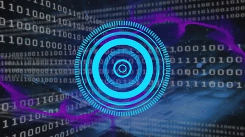 Animation of processing circle, binary code and smoke in black digital space Stock Footage 327960847