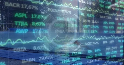 Animation of processing circle, financial data and graphs over caucasian man in Stock Footage 330728593