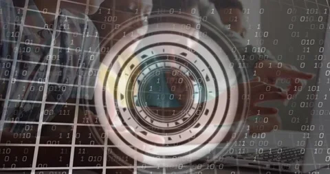 Animation of processing circle over binary code and pupils at school Stock Footage 201938228