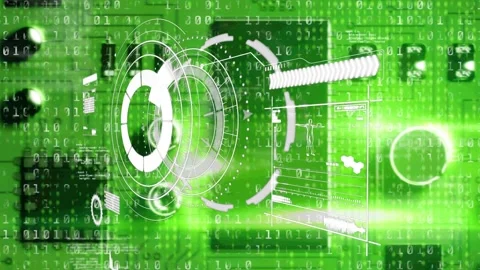 Animation of processing circle over binary code and motherboard in green Stock Footage 326031879