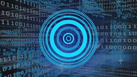Animation of processing circle over binary code and data processing on black Stock Footage 326874766
