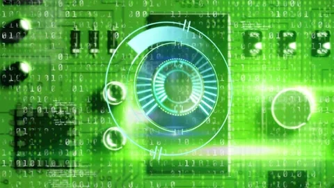 Animation of processing circle over binary code and motherboard in green Stock Footage 327359778