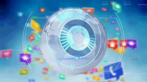 Animation of processing circle over blurred blue background with tech icons Stock Footage 328714082