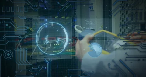 Animation of processing circle over data and hands of caucasian man checking Stock Footage 326189861