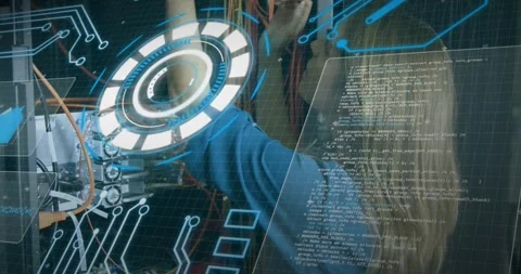 Animation of processing circle over data and caucasian woman checking computer Stock Footage 326762927