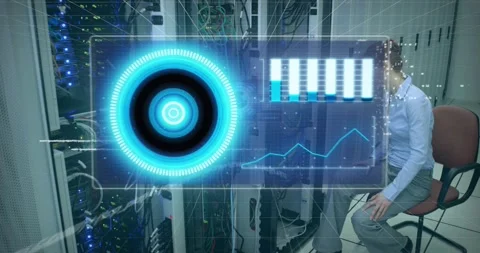 Animation of processing circle over data and caucasian woman checking computer Stock Footage 328359603
