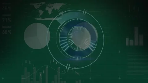 Animation of processing circle over digital screen with graphs on green Stock Footage 330341664