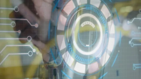 Animation of processing circle over hands of caucasian people using payment Stock Footage 312673700