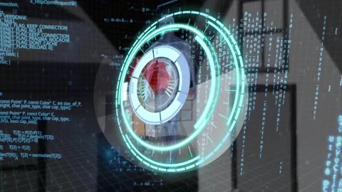 Animation of processing circle over houses, moving human model and diverse data Stock Footage 330060489