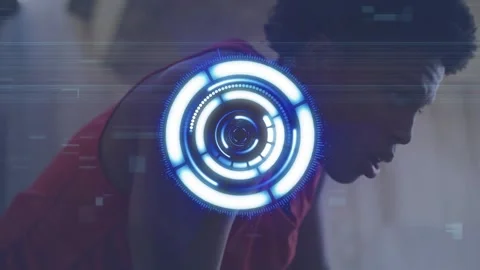 Animation of processing circle over tired african american athlete Stock Footage 328821243