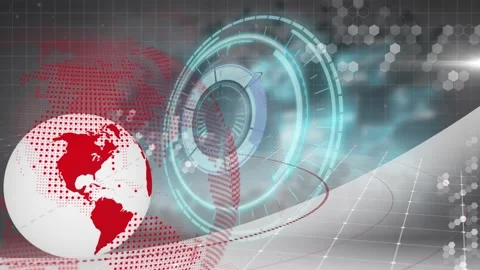 Animation of processing circle, rotating globe and data processing on grey Stock Footage 328645008