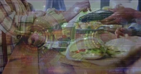 Animation of processing circles over hands of caucasian people using payment Stock Footage 328461361