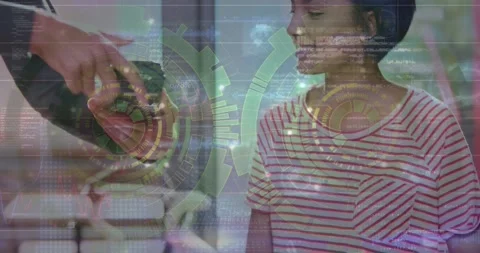 Animation of processing circles over hands of diverse people using payment 스톡 동영상 330590775