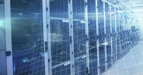 Animation of processing data and maths calculations over computer server room Stock Footage 203890905