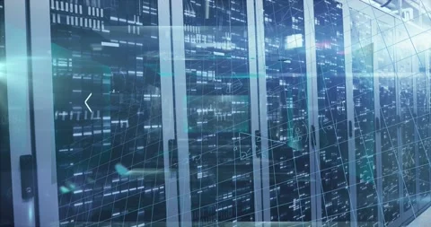 Animation of processing data and maths calculations over flashing computer Video stock 203890968