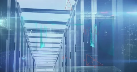 Animation of processing data and maths calculations over computer server room Stock Footage 203891590