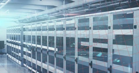 Animation of processing data and maths calculations over computer server room Stock Footage 203891663