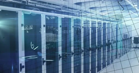 Animation of processing data and maths calculations over computer server room Stock Footage 203891692