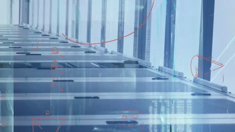Animation of processing data and maths calculations over computer server room Stock Footage 312668889
