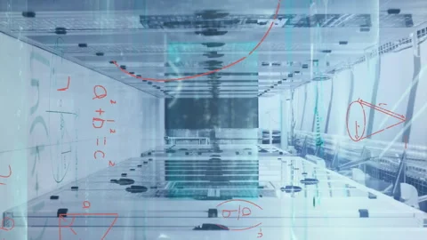 Animation of processing data and maths calculations over computer server room Stock Footage 313017686