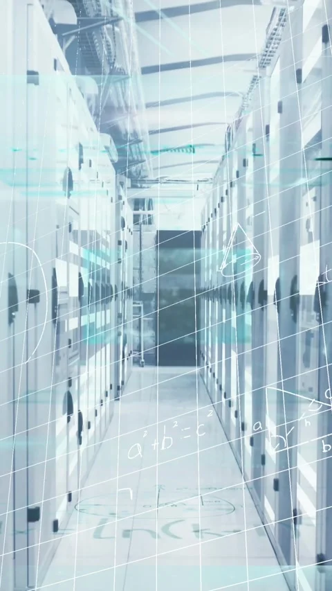 Animation of processing data and maths calculations over computer server room Stock Footage 319371464