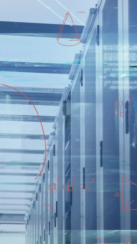 Animation of processing data and maths calculations over computer server room Stock Footage 322559912