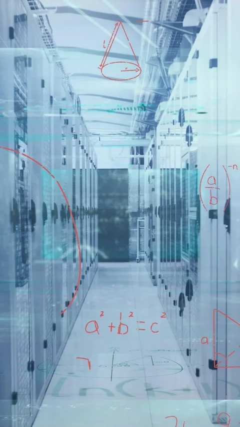 Animation of processing data and maths calculations over computer server room Stock Footage 322559915