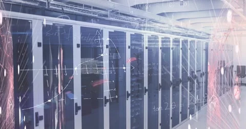 Animation of processing data and maths calculations over computer server room Stock Footage 326032235
