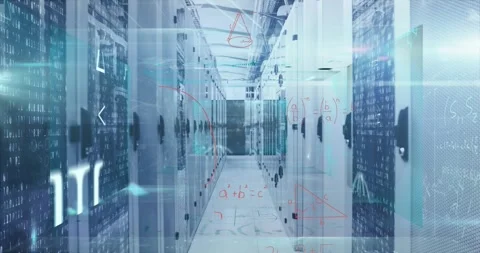 Animation of processing data and maths calculations over computer server room Stock Footage 326760290