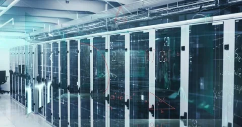 Animation of processing data and maths calculations over computer server room Stock Footage 329124844