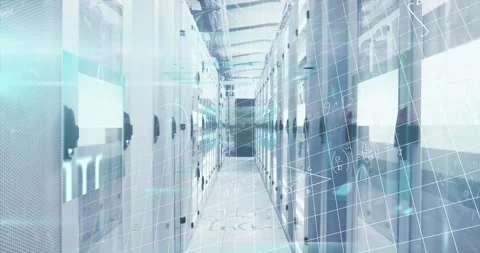 Animation of processing data and maths calculations over computer server room Stock Footage 329419843