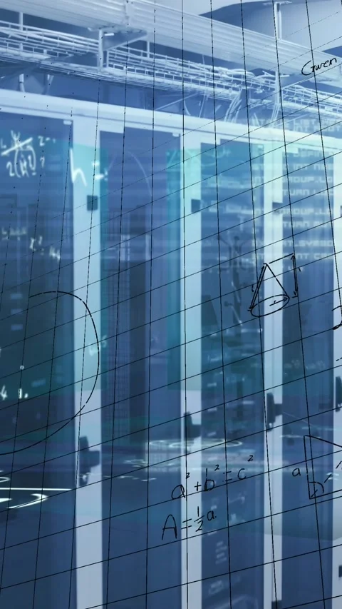 Animation of processing data and maths calculations over computer server room Stock Footage 344556397