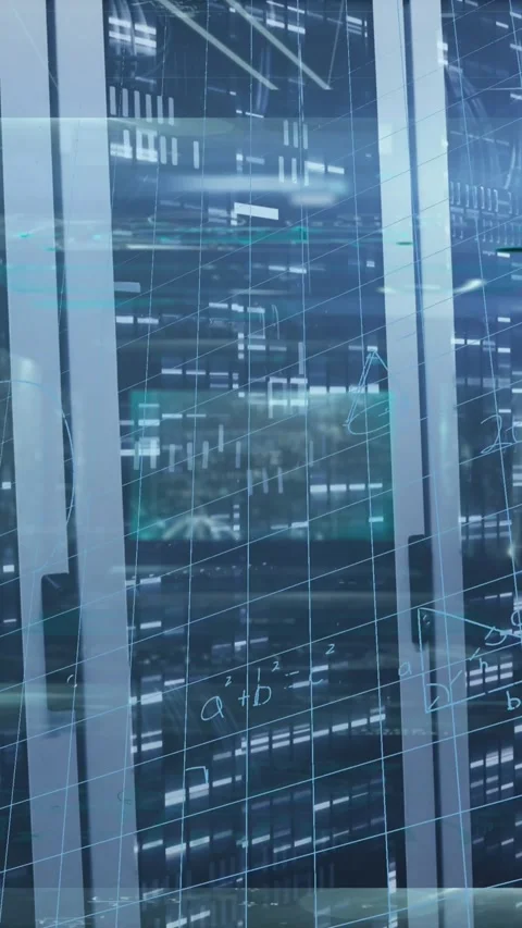 Animation of processing data and maths calculations over flashing computer Stock Footage 344556408