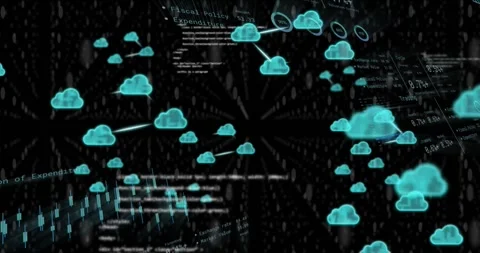 Animation of processing data, charts and cloud icons transferring data on black Stock Footage 327128500
