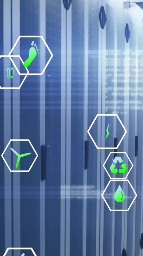 Animation of processing data, ecology and energy icons over computer server room Stock Footage 343504486