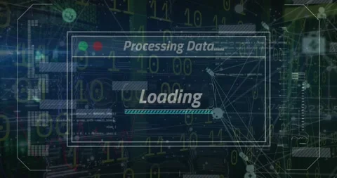 Animation of processing data, loading text with bar over binary codes and Stock Footage 221007649