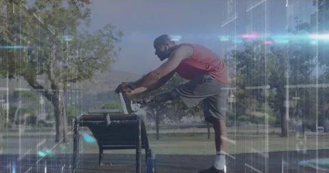 Animation of processing data over male athlete with prosthetic leg exercising 動画素材 328918345