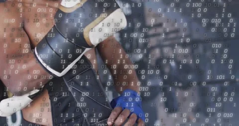 Animation of processing data over male boxer preparing gloves at gym Stock Footage 329127515