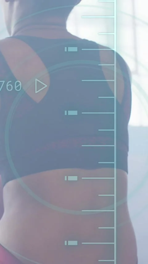 Animation of processing data over woman training on rowing machine at gym 스톡 동영상 341918731